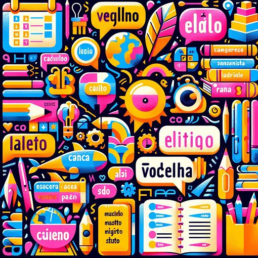 A colorful and engaging illustration depicting various Spanish vocabulary words and their English translations in a fun, educational style.