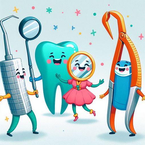 A whimsical, colorful illustration of various dental instruments (e.g., scaler, mirror, forceps) personified with human traits, set in a playful scene