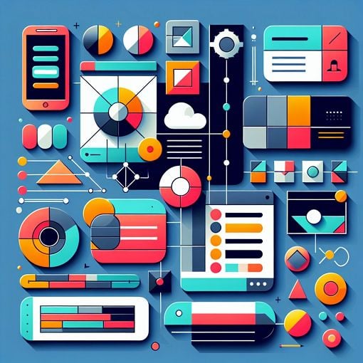 A vibrant and modern graphic depicting elements of Material Design, including cards, buttons, shadows, and color palettes in a flat design style.