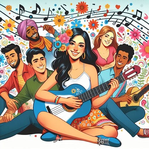 A vibrant and colorful illustration of a young woman surrounded by musical notes, flowers, and friends, embodying fun and friendship. The scene should reflect a lively atmosphere with a personal touch, hinting at her interests and personality.