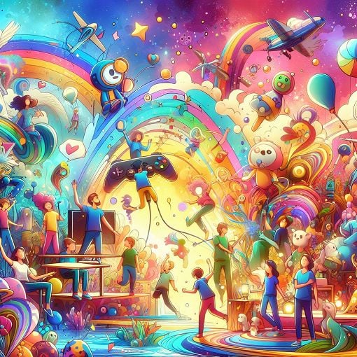 A vibrant, whimsical illustration of a chaotic world where different fandoms collide, featuring characters and elements from popular games, TV shows, and a colorful landscape of relationships and emotions.