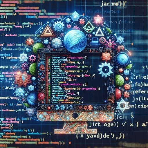 A vibrant and engaging image depicting a computer screen displaying Java code, with icons representing concepts like multithreading, object-oriented programming, and JIT compiling in a techy, modern style.