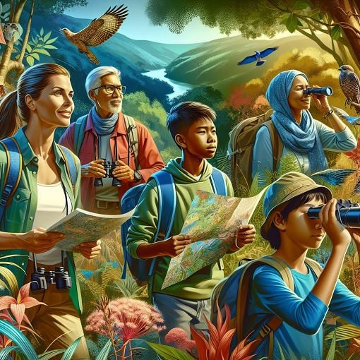 A vibrant outdoor scene showcasing a diverse group of people engaged in various conservation activities, such as hiking, map reading, and identifying plants, set in a lush forest environment.