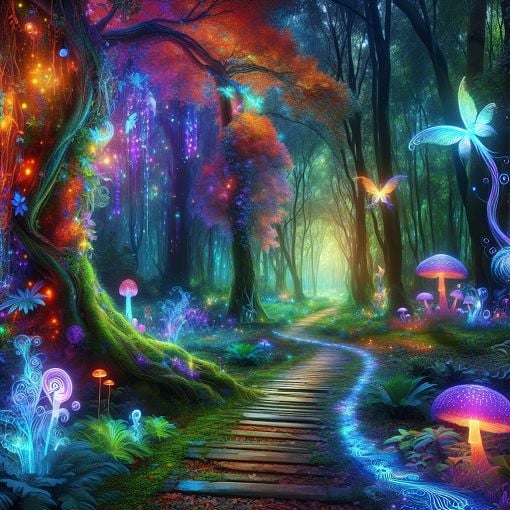 A mystical forest with a glowing path, inviting exploration and self-discovery, with whimsical elements like vibrant colors and ethereal creatures.