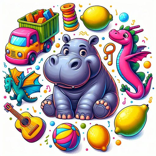 A colorful and playful illustration of a hippo surrounded by various objects such as a truck, dragon, lemons, and a guitar, suitable for children.