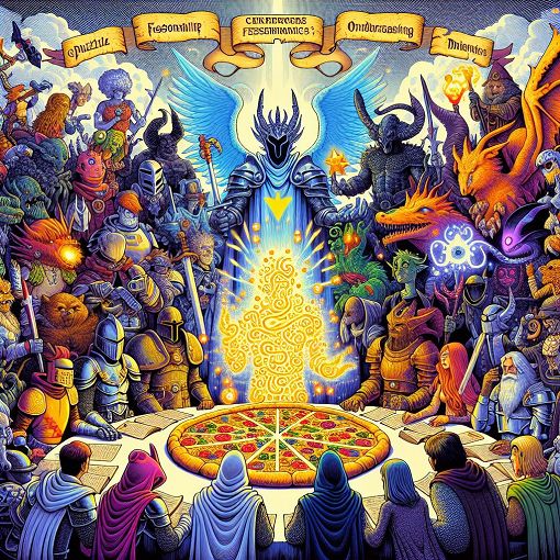 A colorful, whimsical illustration featuring various fantasy characters and elements representing different Fellowships and Warbands, such as knights, wizards, and mythical creatures, all gathered around a magical quiz scroll or a giant pizza.