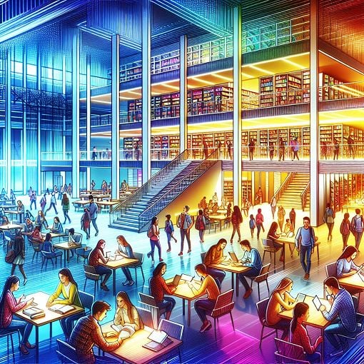 A lively and engaging scene of KTU students participating in various campus activities, studying, and interacting in a library, vibrant colors, intellectual atmosphere, modern architecture, educational environment