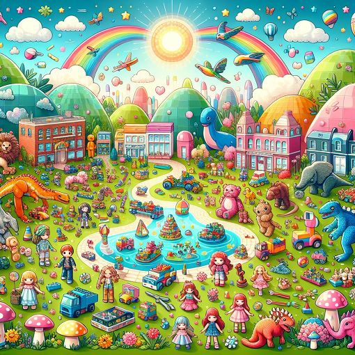 An imaginative illustration of various whimsical toys and characters, including LEGOs, dolls, dinosaurs, and playful animals in a colorful, enchanting landscape.