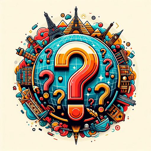 A colorful quiz challenge graphic featuring question marks, a globe, and iconic landmarks