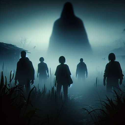 A digital art piece depicting a dark, foggy landscape with silhouettes of survivors and a killer, emphasizing the eerie atmosphere of a horror video game.