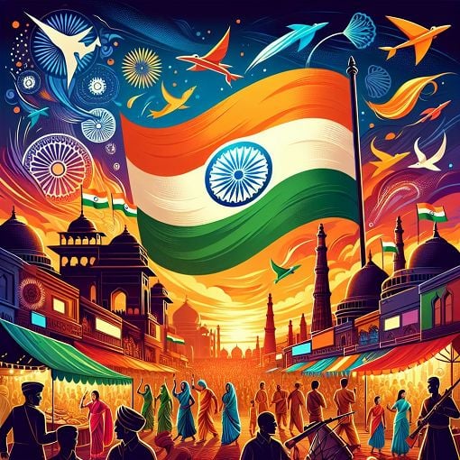 A vibrant illustration depicting key events of Indian independence, featuring notable freedom fighters, the national flag, and the Ashoka Chakra against a backdrop of Indian culture.