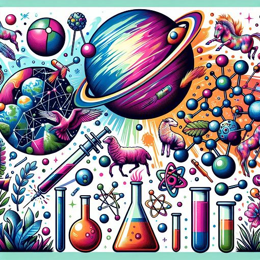 A colorful illustration of different scientific elements like planets, molecules, and animals, representing various branches of science in a fun and engaging way.