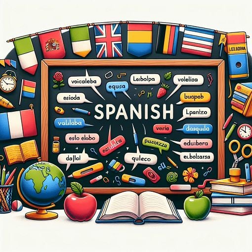 An educational image featuring Spanish vocabulary words and their English translations, with a chalkboard and language-themed decorations in the background.