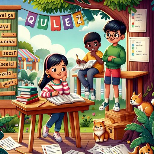 A colorful, engaging illustration of children taking a fun vocabulary quiz outdoors, with animals like cats and dogs in the background, highlighting themes of learning and interaction.