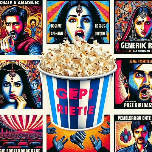 A colorful collage of famous Indian movie posters featuring iconic dialogues and characters, with a popcorn bucket in the foreground.