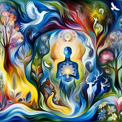 An abstract illustration of a mystical figure representing a soul dad, surrounded by elements like nature, animals, and vibrant colors, evoking a sense of connection and discovery.