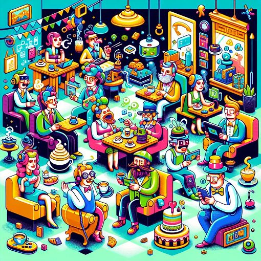 A vibrant illustration depicting a whimsical cafe scene filled with quirky characters and playful elements, reflecting a blend of gaming culture and online community vibes.