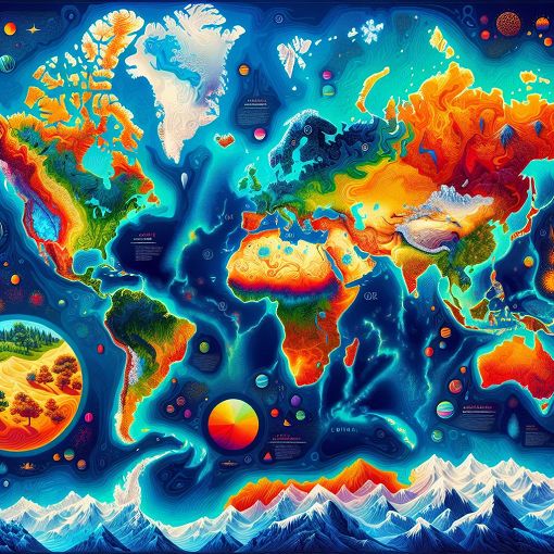 A vibrant world map showcasing different climate zones with symbols representing hot, cold, and temperate climates, vibrant colors, and natural landscapes related to each climate zone.