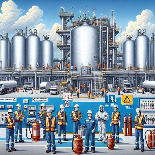 A detailed illustration showing LPG safety protocols at a fuel station, featuring LPG tanks, safety gears, and a clear sky in the background.