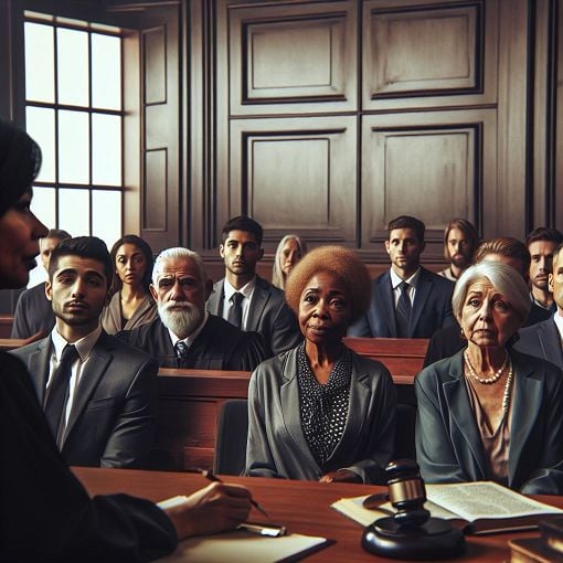 A courtroom scene with a judge, jury, and witnesses, conveying a sense of trial and legal proceedings.