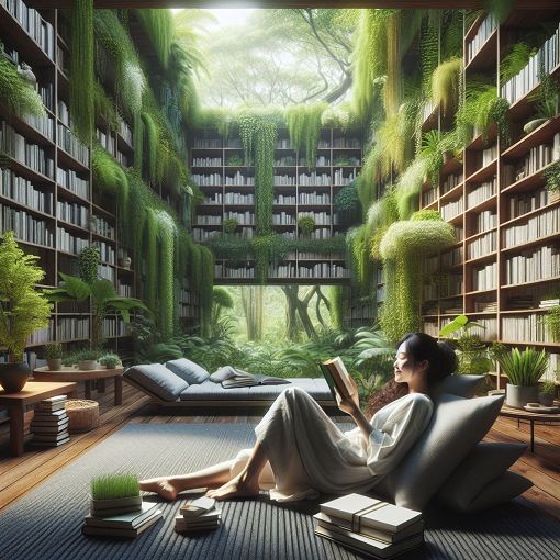 A serene workspace with a person relaxing, surrounded by nature and books, illustrating work-life balance.