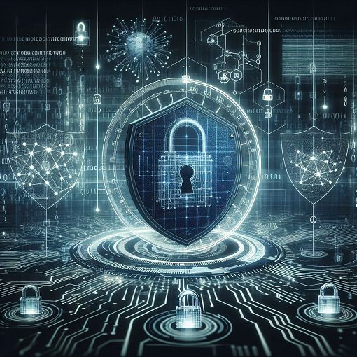 A digital illustration depicting cybersecurity concepts, featuring locks, shields, and network diagrams, with a futuristic and tech-savvy background.