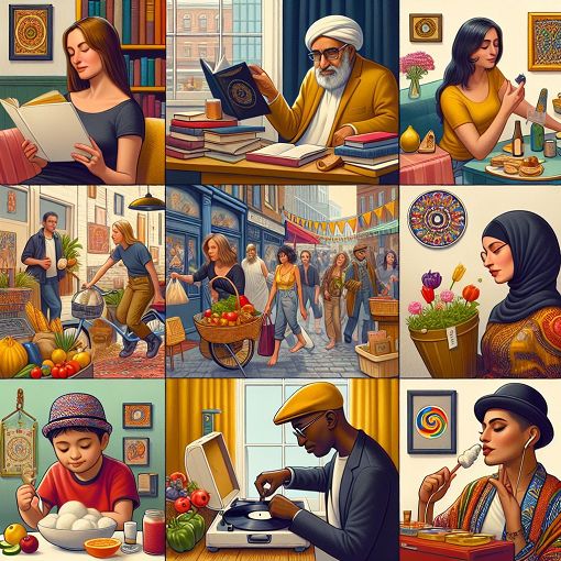 A vibrant scene depicting diverse lifestyles and personalities, featuring various people making choices in a fun and lively environment, with elements representing individuality and self-discovery.