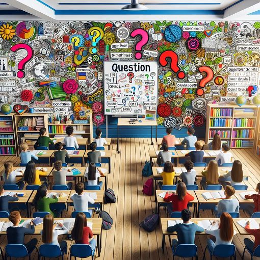 A colorful classroom scene with students learning about question words in English, featuring question marks and educational materials on a board.