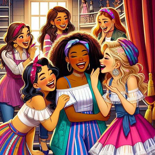 A lively and colorful illustration of a group of diverse teenage girls enjoying a rehearsal together, filled with laughter, fashion, and camaraderie, set in a theatrical environment.