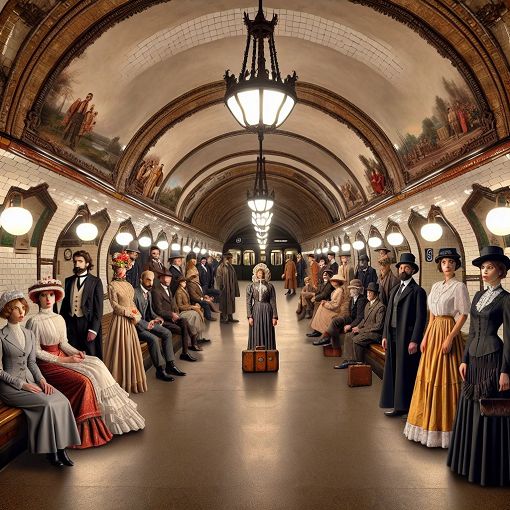 A surrealist depiction of an underground train station blending elements of the 1890s and modern day, featuring vintage decor and people dressed in period attire, creating an atmosphere of nostalgia and escapism.