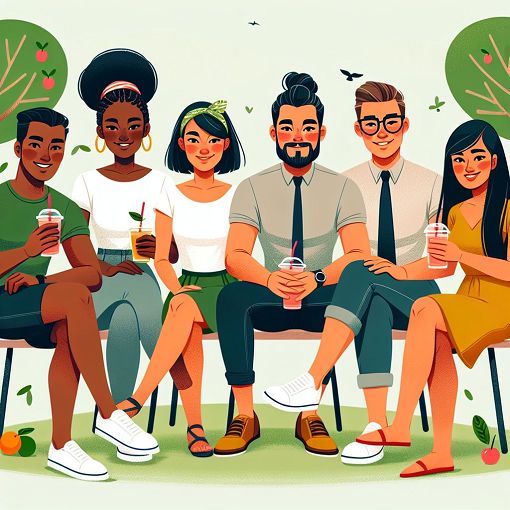 A colorful and whimsical illustration of a group of diverse friends sitting together, each with a unique hairstyle and holding drinks, surrounded by a park setting with playful elements like birds and trees, capturing a light-hearted and fun atmosphere.