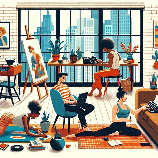 A vibrant illustration of a cozy apartment shared by diverse roommates, showcasing different personalities and activities in a playful and colorful style.