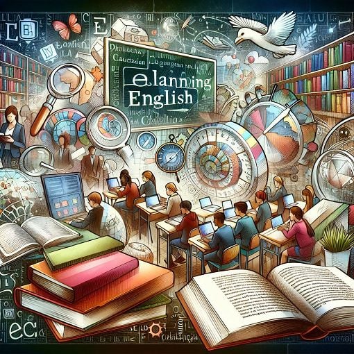 A vibrant and educational image depicting elements of English language learning, such as books, a classroom, and students engaging in online learning.