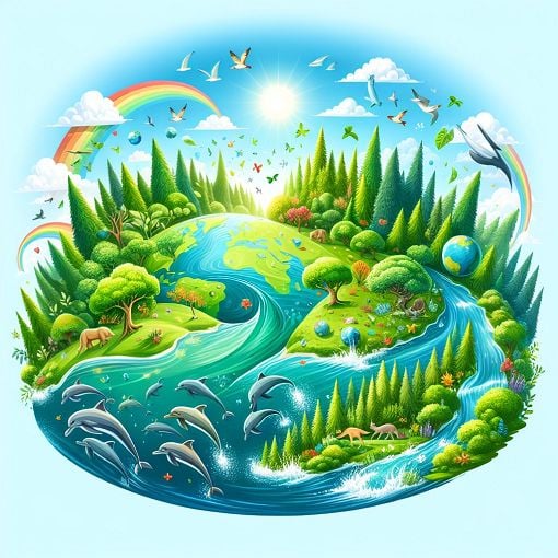 Create a vibrant and engaging illustration representing Earth Day, showing the beauty of nature with elements like trees, oceans, wildlife, and a clear blue sky in a harmonious setting.