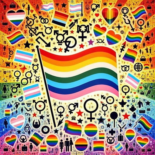 Generate an image depicting a colorful collage of various LGBTQ+ flags and symbols, including the rainbow flag, transgender pride flag, intersex flag, and other significant icons representing gender and sexual identities, with a vibrant, celebratory background.