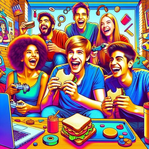 A vibrant and playful illustration depicting a group of diverse college roommates sharing fun moments in their dorm, with elements like Uncrustables, Netflix, and gaming on hand.