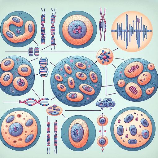 A visually engaging illustration of meiosis and mitosis processes, showcasing cell division stages, chromosomes, and genetic exchange, suitable for a biology quiz.