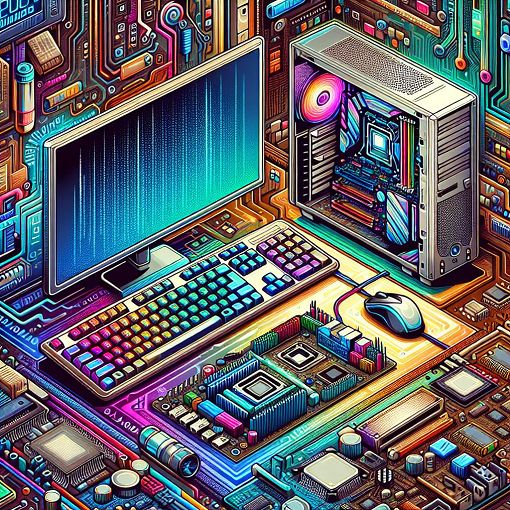 A colorful illustration of various computer components, including a keyboard, motherboard, and monitor, set against a digital background.