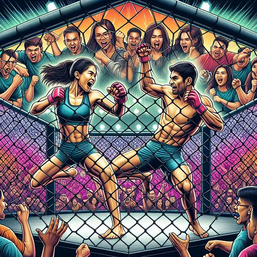 A vibrant MMA-themed illustration showcasing dynamic fighters in action inside an octagonal cage with fans cheering exuberantly in the background.