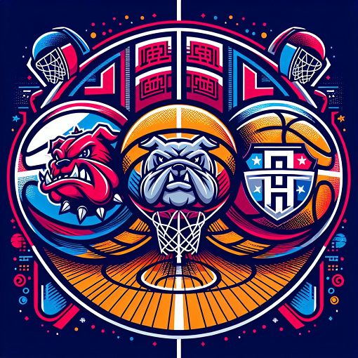 A vibrant and engaging basketball-themed design featuring the Georgia Bulldogs, Georgia Tech, and Kennesaw State logos, set against a backdrop of an NCAA tournament basketball court.