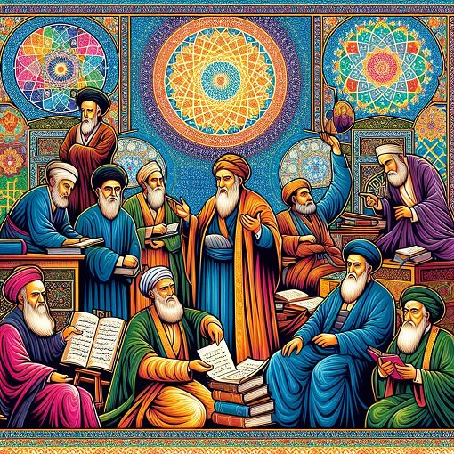 A vibrant and colorful illustration depicting key figures in Islamic history, such as Prophet Muhammad, Imam Ali, and scenes from significant historical events in a harmonious and respectful manner.