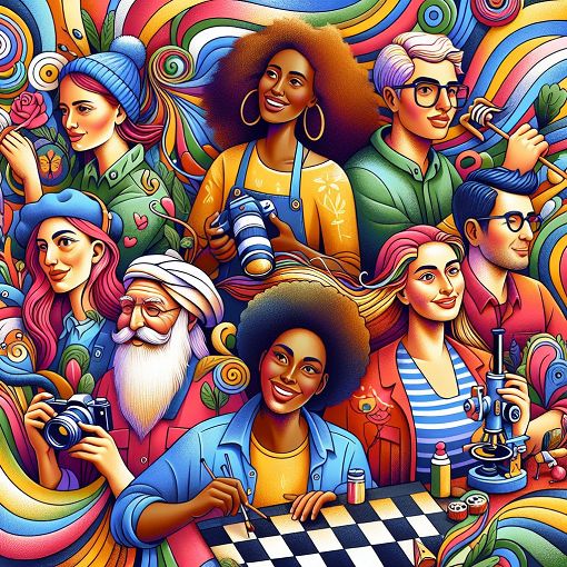 A vibrant and colorful illustration of diverse squad members, each representing different personalities and interests, set against a whimsical background.