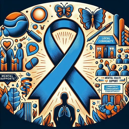 A highly detailed illustration of a supportive environment for men's health, featuring hopeful imagery related to prostate and testicular awareness, mental health support, and community engagement, with warm colors and positive vibes.