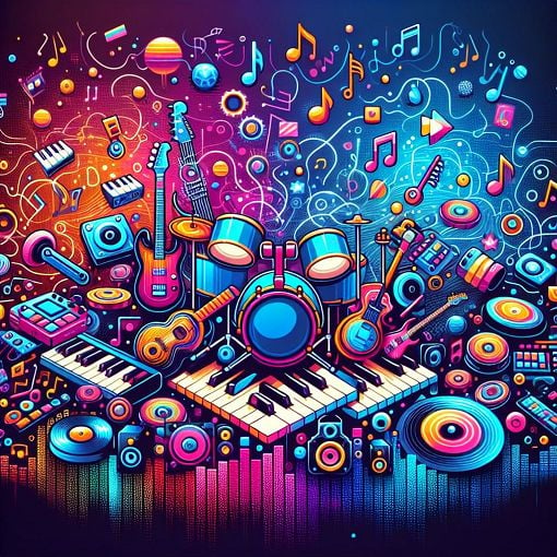 A vibrant illustration of various musical instruments and Beatstar-themed elements, showcasing a lively digital gaming atmosphere with colorful graphics.