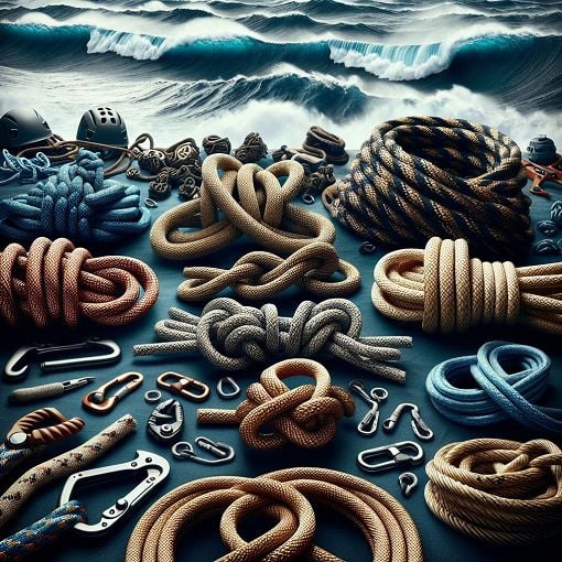 Create an image of various knots with ropes, including the bowline, figure-eight, and square knot, set against a nautical background with ocean waves and climbing gear.