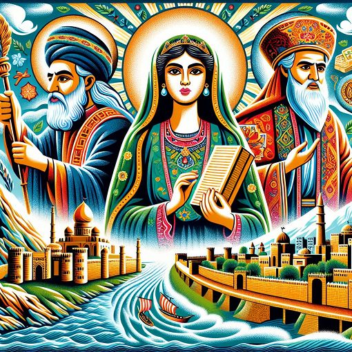 A vibrant and engaging illustration of various Biblical figures, including Moses, Esther, and Jesus, set against a backdrop of iconic Biblical locations like Jerusalem and the Red Sea.