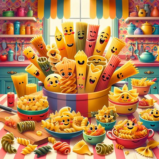 A colorful, fun illustration of different pasta shapes with facial expressions, set in a vibrant kitchen environment