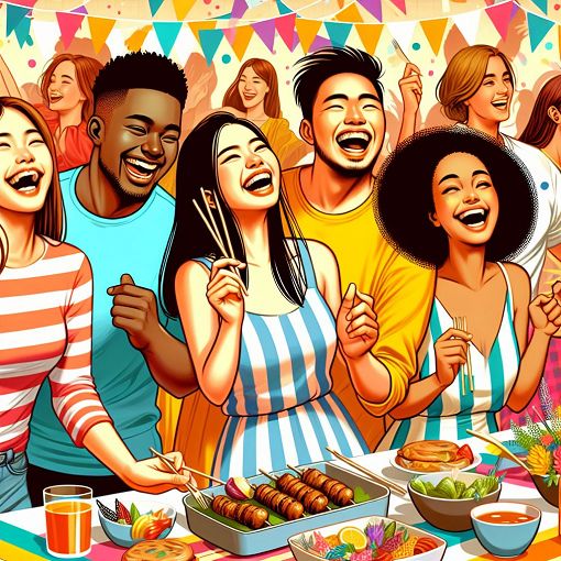 A colorful and vibrant illustration representing a diverse group of young people at a lively party, enjoying food, dancing, and laughing together.