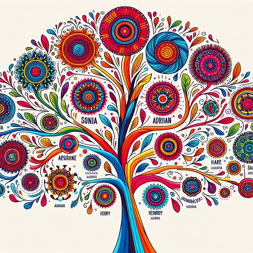 Create an illustration of a family tree showcasing different family members labeled as 'Sonia', 'Adrian', 'Henry', and their children in a creative and colorful style.