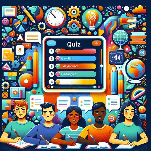 A bright, engaging quiz interface with colorful question and answer options featuring students and educational elements.